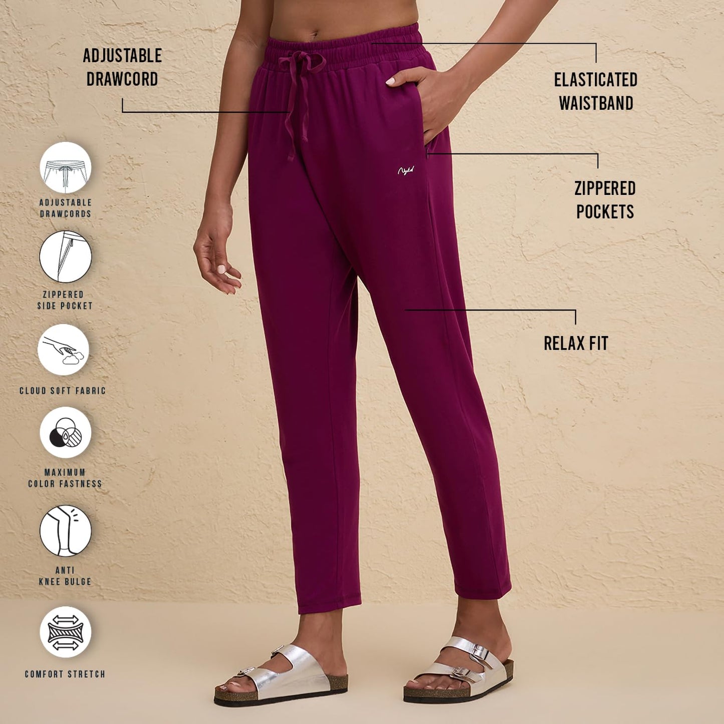 NYKD by Nykaa Womenâ€™s Solid Cotton Leggings & Tights | Everyday Comfort, Relaxed fit, Mid Waist for Yoga and Athleisure Chic- NYAT502 (in, Alpha, 2XL, Regular, Wine)