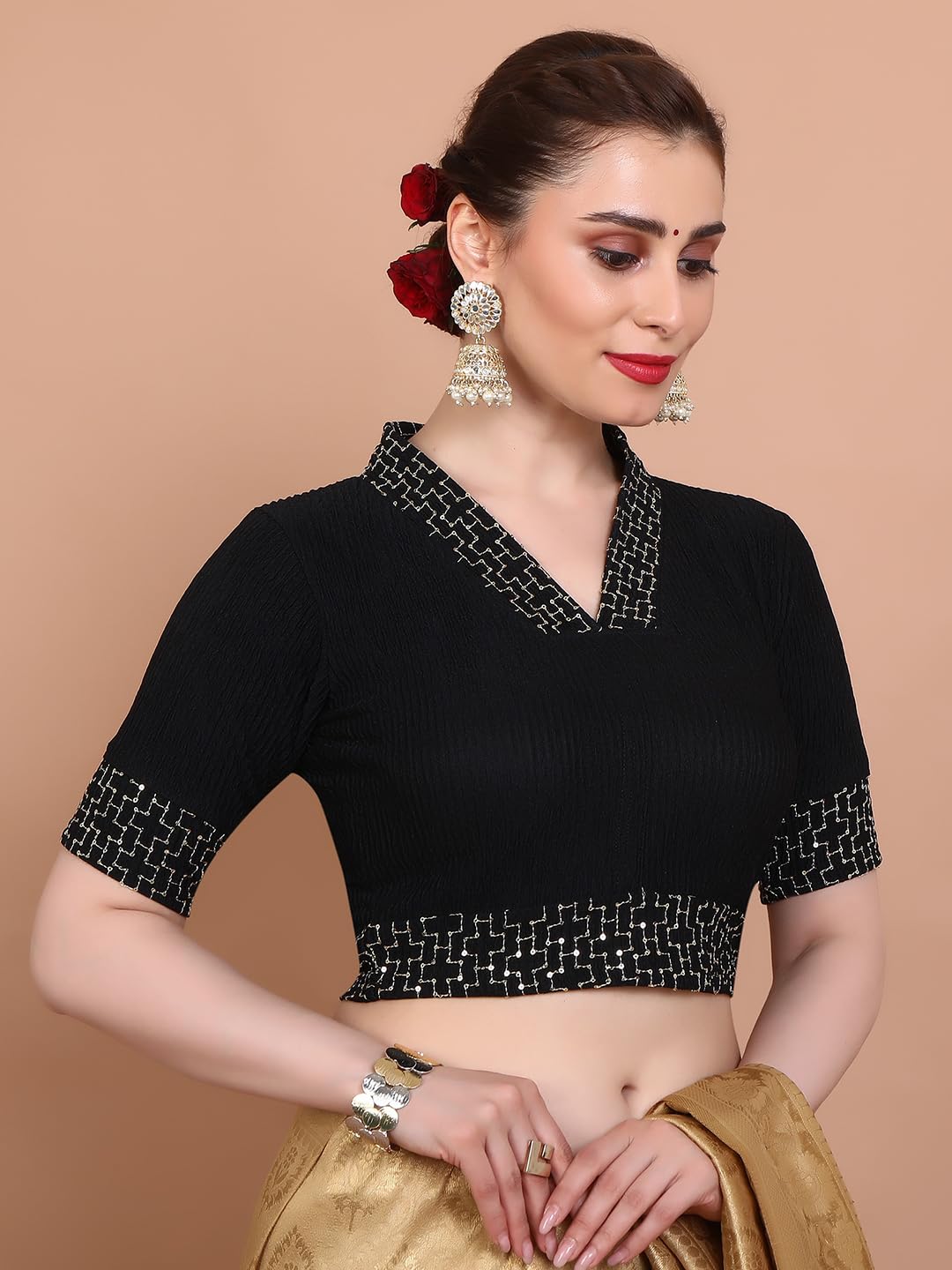 S SALWAR STUDIO Black Lycra Stretchable V Neck Non Padded Readymade Saree Blouse