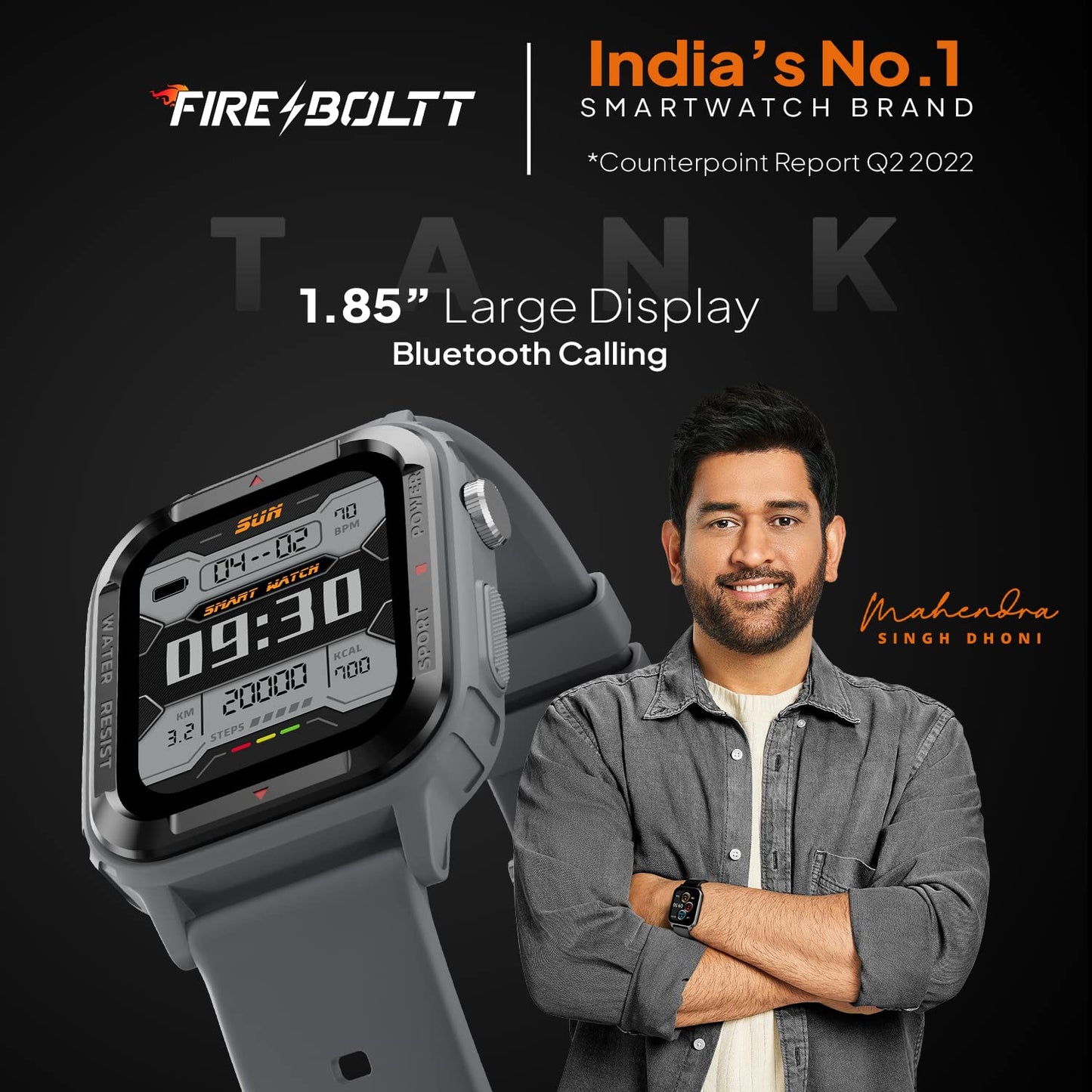 Fire-Boltt Tank 1.85" Outdoor Rugged Bluetooth Calling Smart Watch, 123 Sports Mode, 8 UI Interactions, Built in Speaker & Mic, 7 Days Battery (Grey)