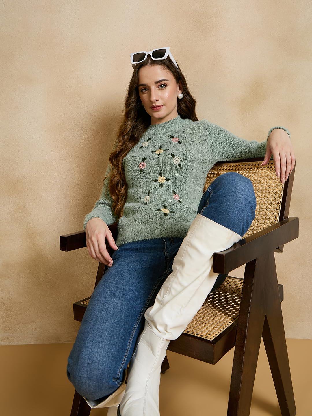 Clapton Women's Floral Embroidered Knitted Pullover Sweater, Long Sleeve, Round Neck, Casual (in, Alpha, L, Regular, Pista)