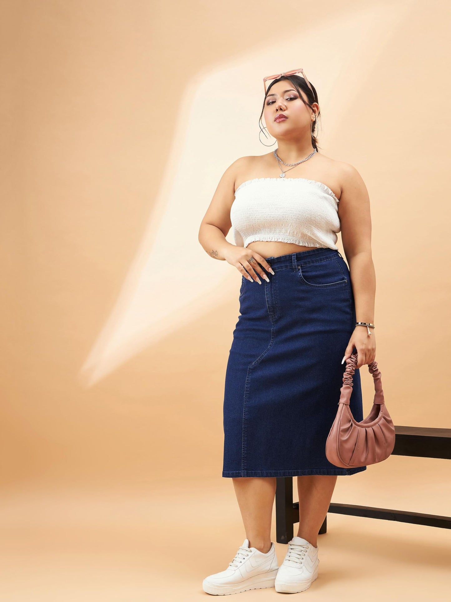 Navy Denim Acid Wash A-Line Skirt
