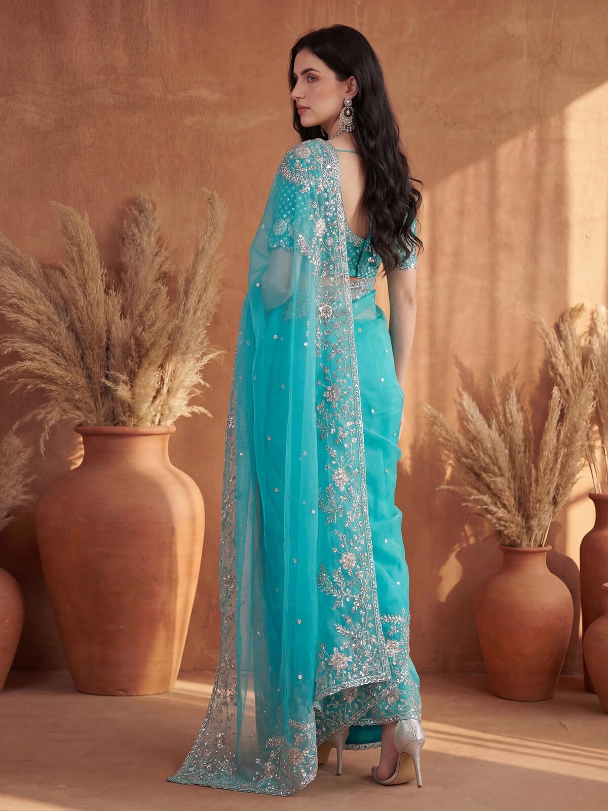 SIRIL Women's Organza Scalloped Border Embellished Sequins Embroidery Saree with Unstitched Blouse Piece (4472S118A_Turquoise Blue)