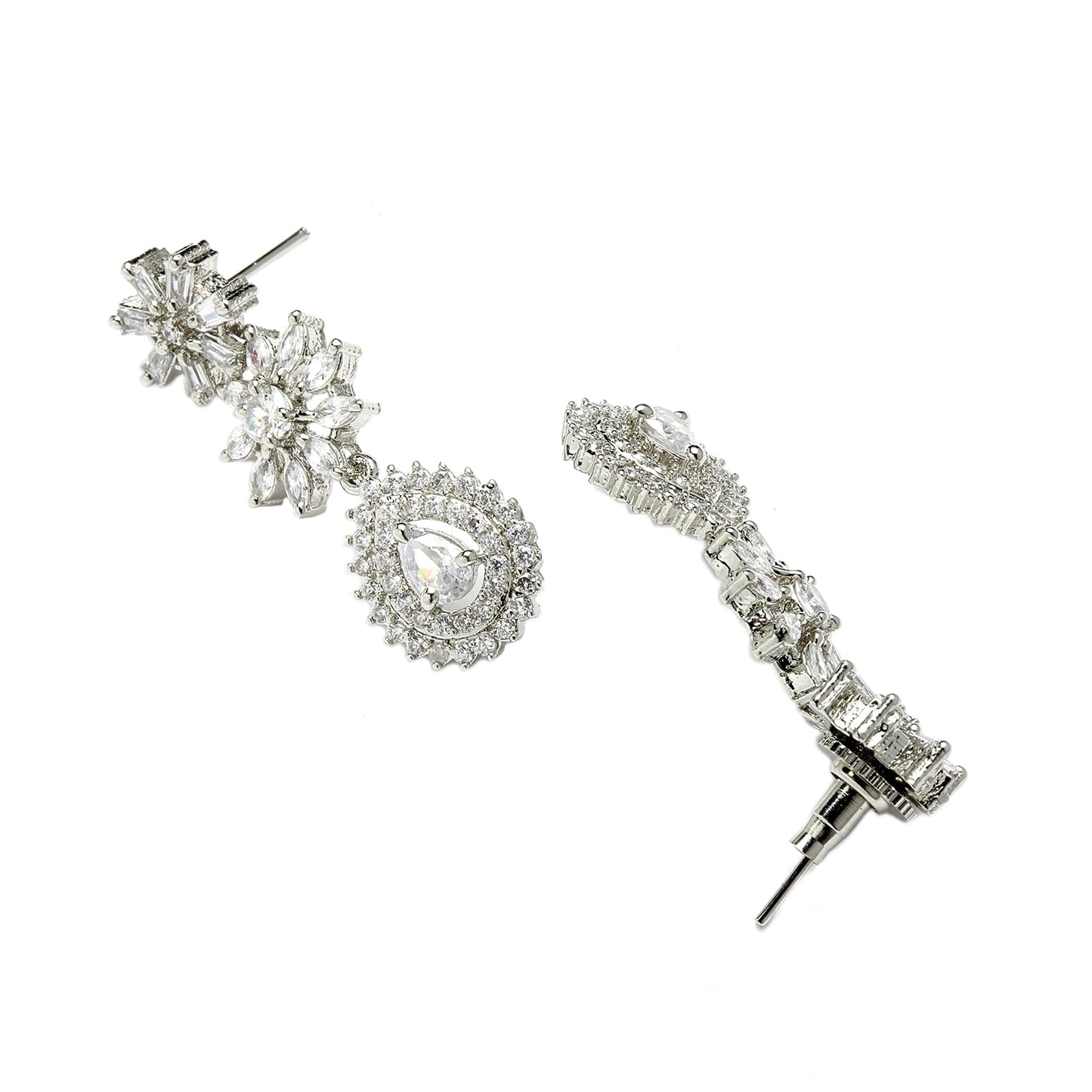 ZENEME Womens Rhodium-Plated with Silver-Toned Floral Design White American Diamond Studded Jewellery Set (White)