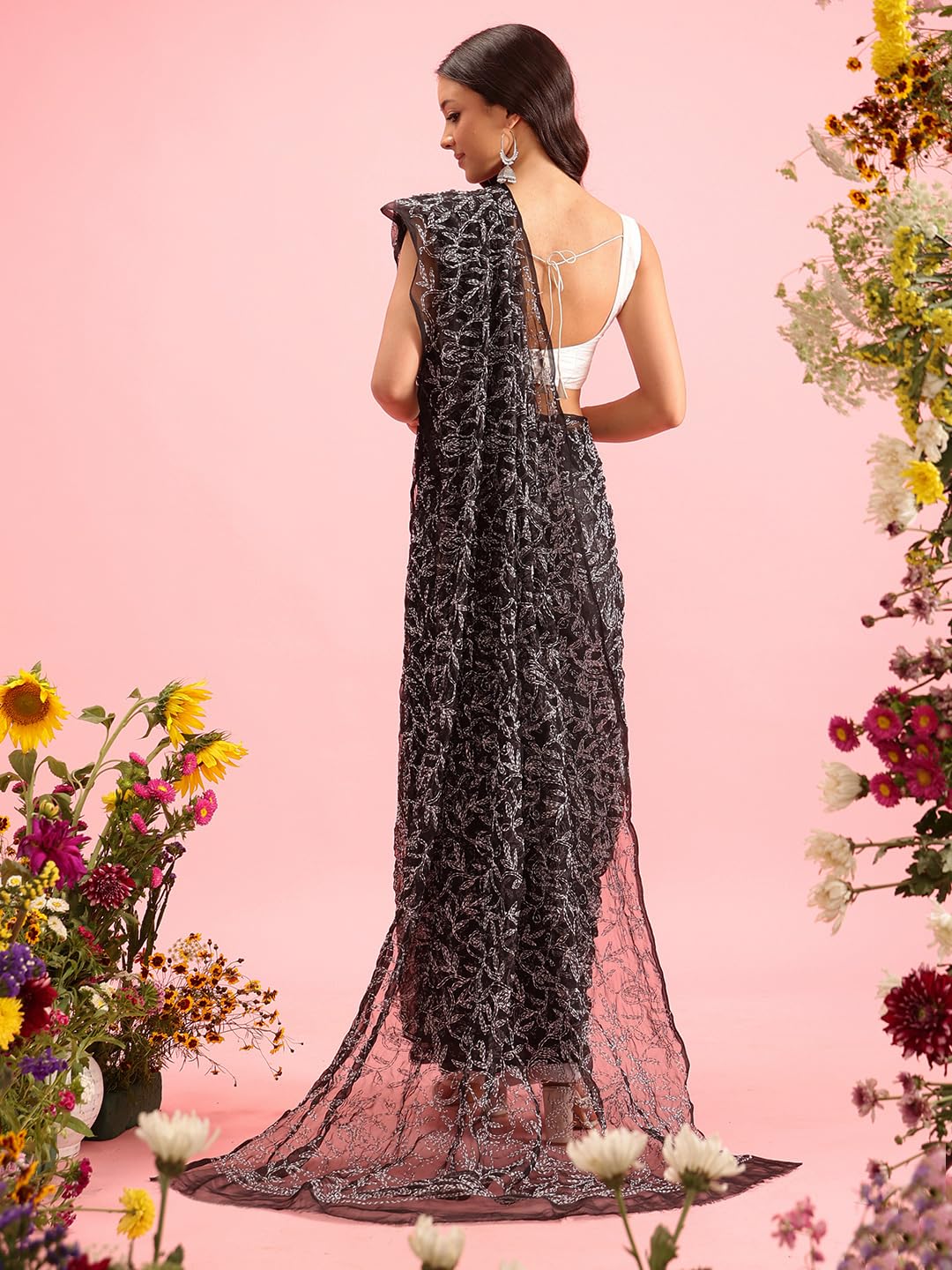 Ada Hand Embroidered Lucknowi Chikankari Georgette Saree for Women with Unstitched Blouse Piece A311376 Black