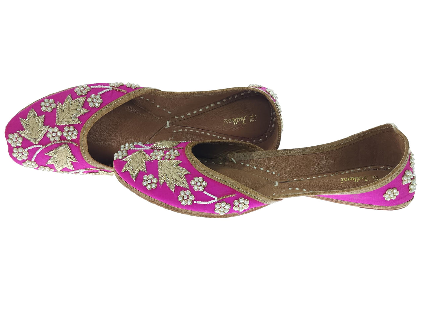 Fulkari Women Palm Leaf Gold Soft Embroidered Jutis | Bite and Pinch Free Jutti | Punjabi Formal Juttis | Girl's Wedding Flat Ladies Mojari | Formal Ethnic Juti |