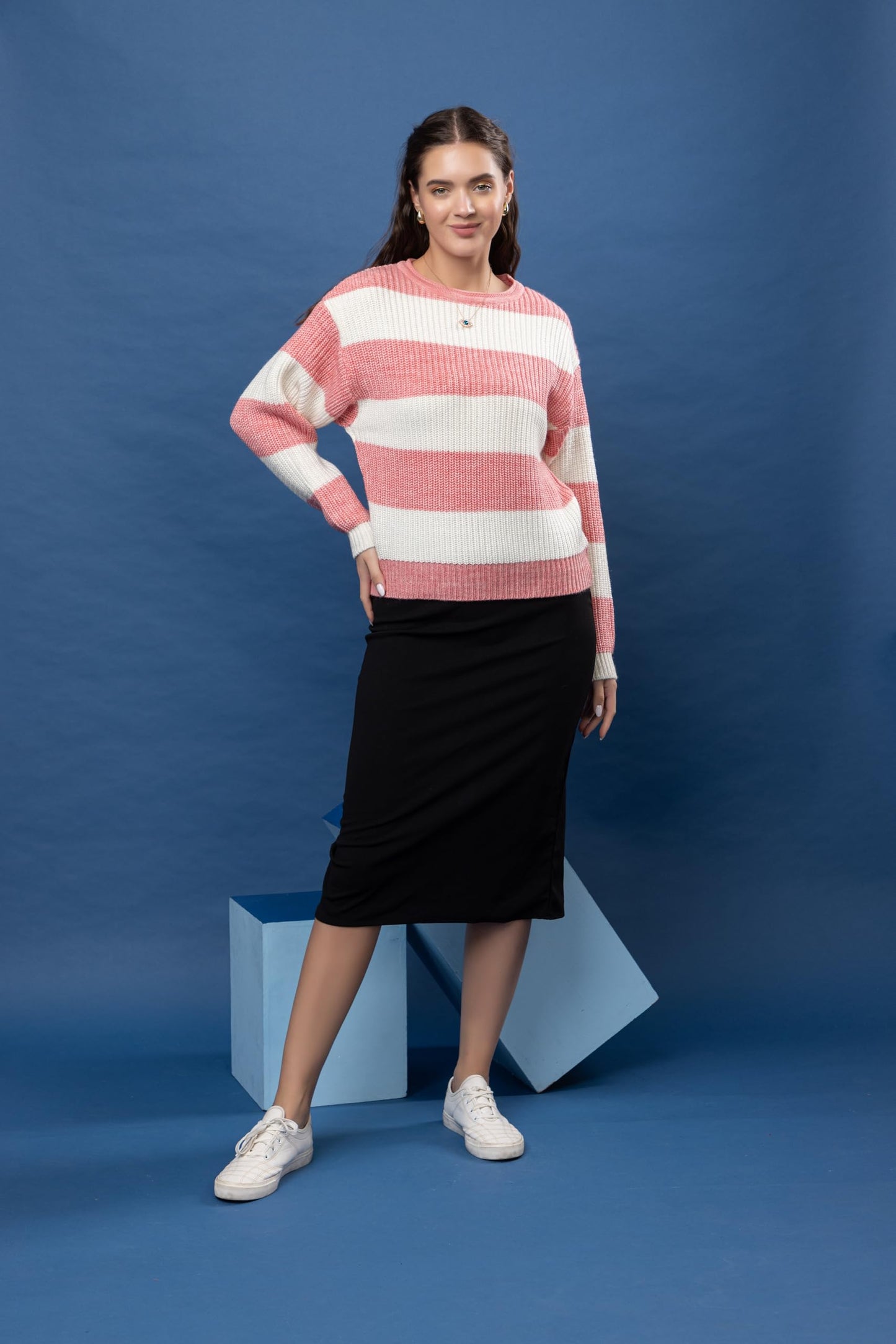 Wear lusso Womens 100% Wool Color Block Stripe Full Sleeve Round Neck Pullover Sweater for Winter Season (in, Alpha, M, Gajri)