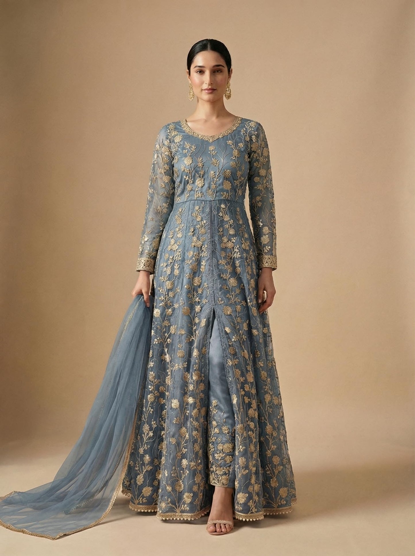 RUDRAPRAYAG Net And Santoon Embroidered Semi Stitched Ankle Length Anarkali Gown For Women