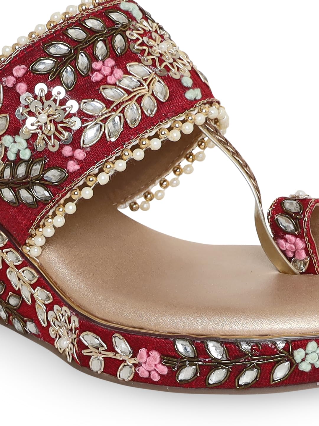 V-WALK Women's Slip-Ons Floral Embroidered Ethnic Wedge Heel Bridal Sandals | Wedding, Ethnic, Festive Occasions Bridal Heels for Women | Heel Height: 3 Inches | Maroon