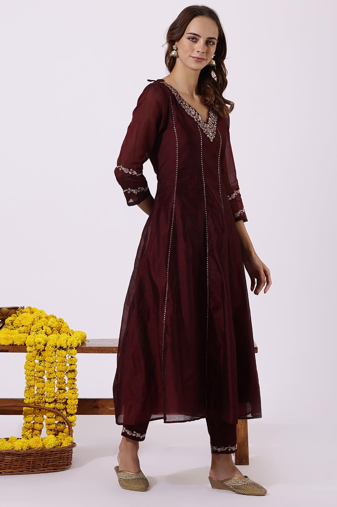 W Maroon A-line Kurta, Straight Pant & Dupatta for Women (Size: 2XL)-24AUWS11183-222470