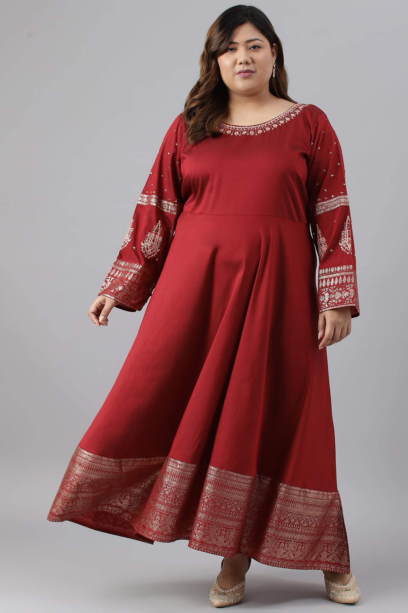 W for Woman Maroon Festive Plus Size Gown with Embroidery on Neck and Sleeves_22AUW18361G-217627_4XL