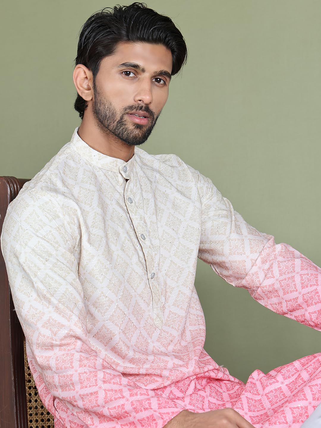 Jompers Ombre Printed Kurta Pyjama Set For Men - Peach, M