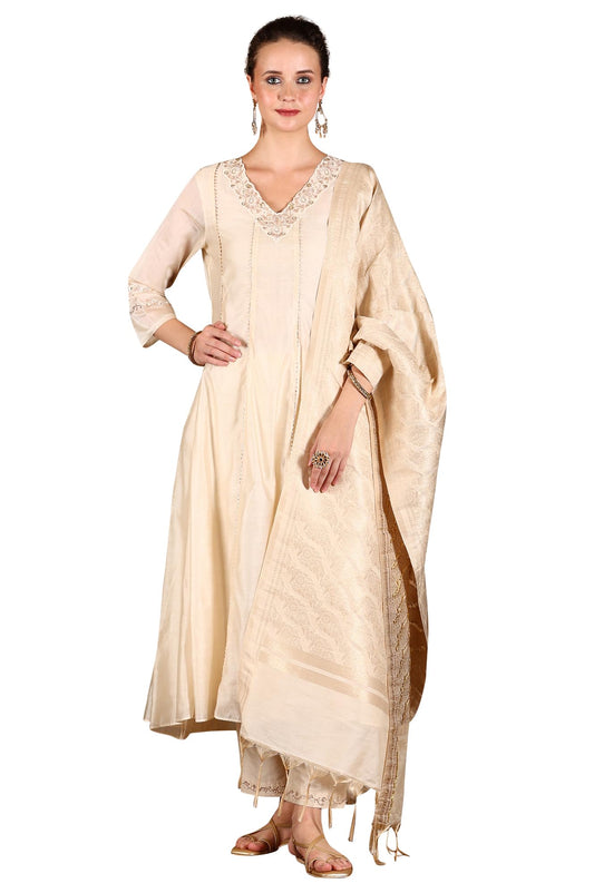 W for Woman Beige Embroidered Flared Chanderi Kurta, Pants and Dupatta Set (Size: XXL)-24AUWS11183-222326