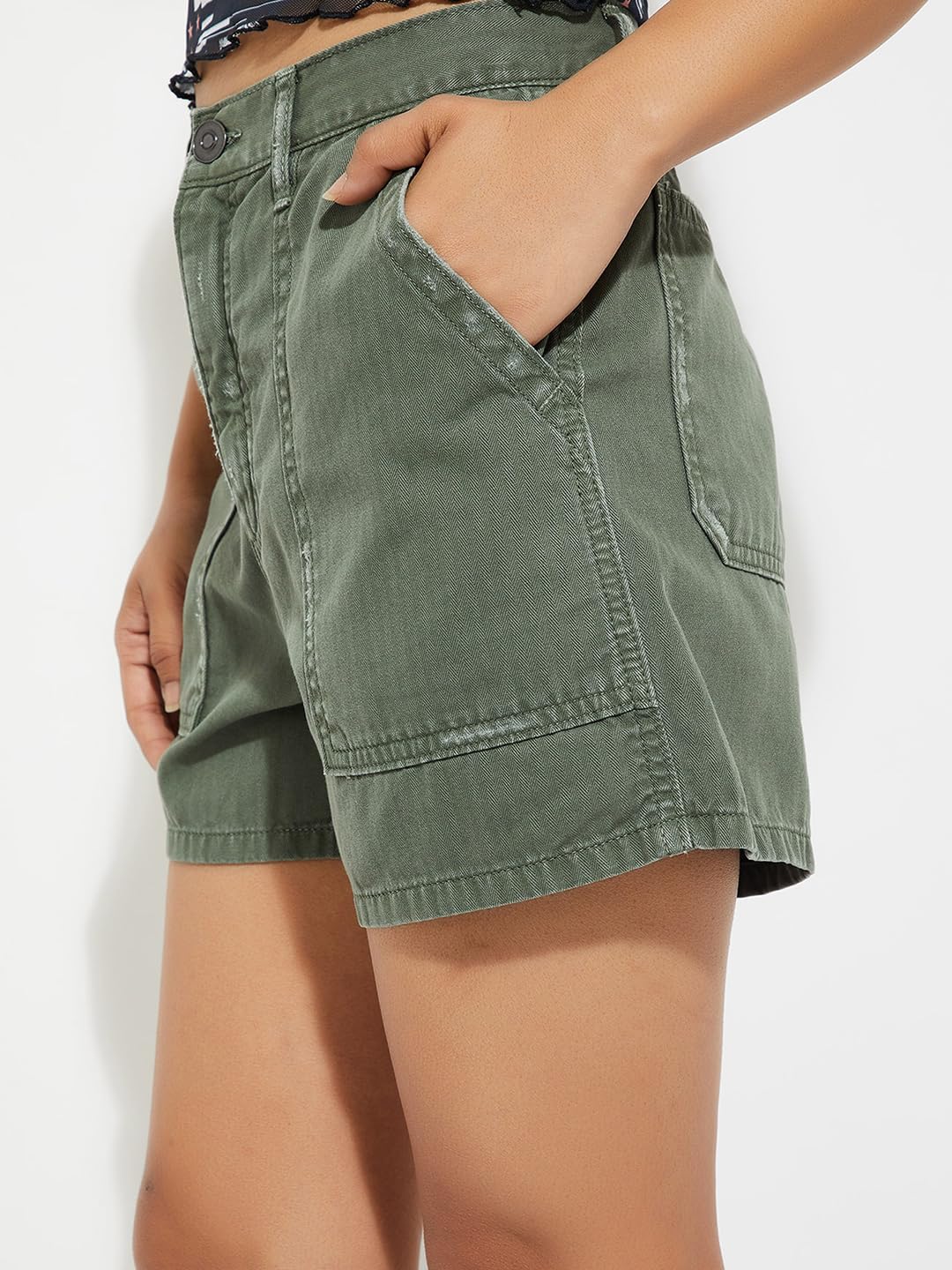 Max URB_N Women Solid Denim Shorts (Olive Green_32)