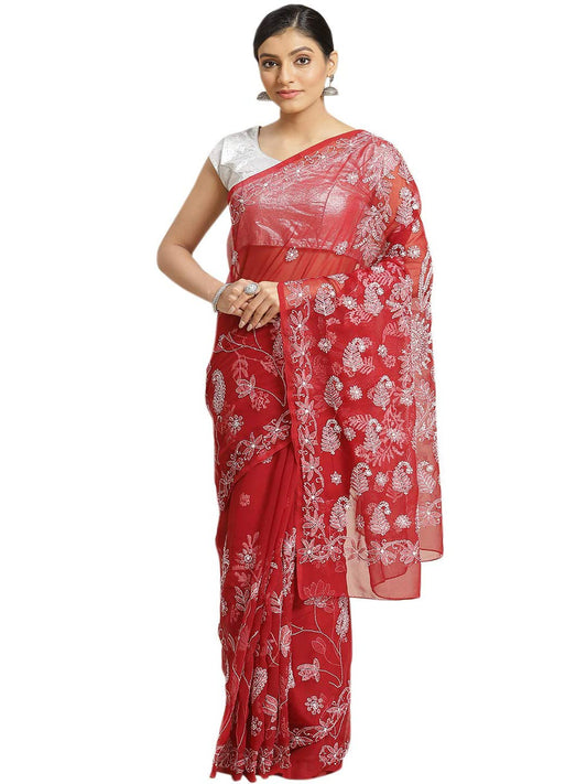 Ada Hand Embroidered Lucknowi Chikankari Work Women's Georgette Saree with Blouse Piece A434381 Maroon