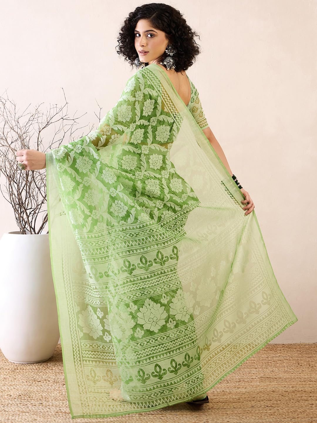 SAREE MALL Women's Green Brasso Floral Printed Ready To Wear one Minute Saree With Unstitched Blouse (RTWMSKR01E_HS)