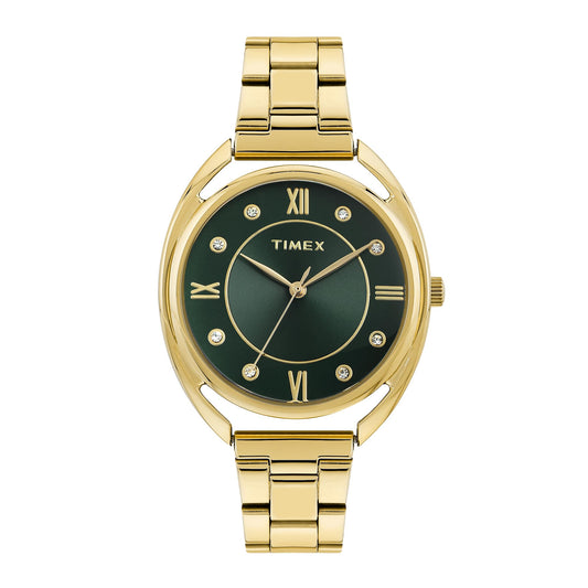 TIMEX Analog Watch for Women with Green Dial & Gold Stainless Steel Bracelet Band - Water Resistant Women's Wrist Watches -TWEL231SMU03