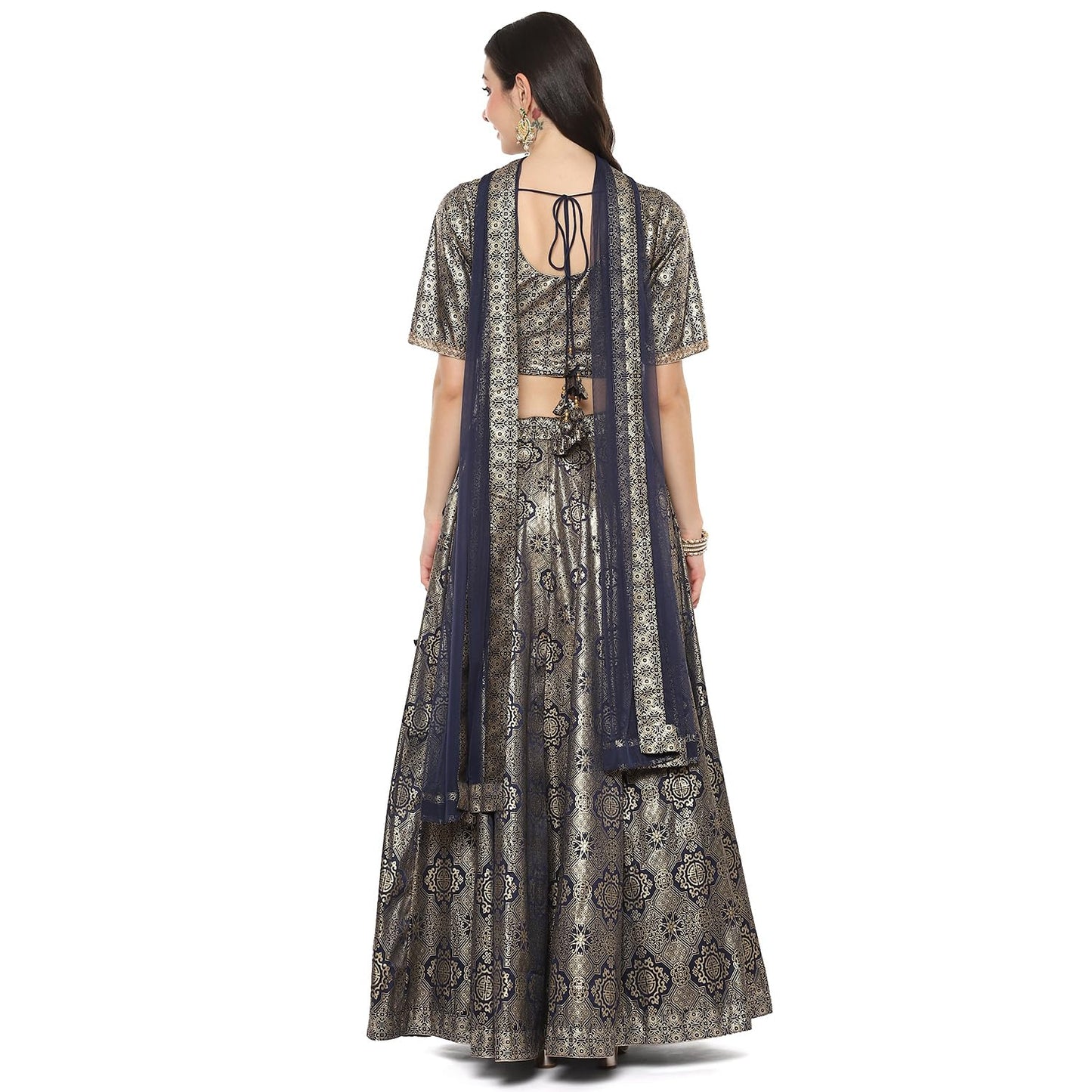 BIBA Women Printed Straight Polyester Readymade Lehenga Set (Skdassorted8935_Navy Blue_42)