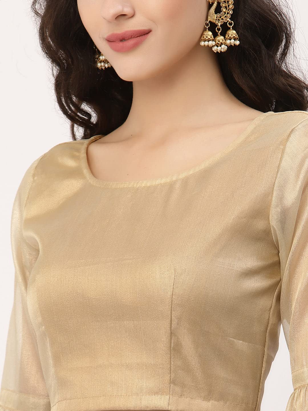 studio rasa Women's Silk Tissue Sheer Sleeves Readymade Saree Blouse for Wedding Festive Party (TPWC42267BL_L_Gold_Large)