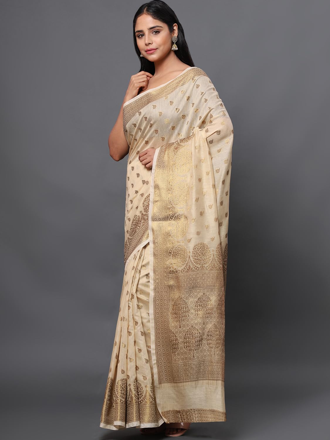 leeza store Women's Khaki Cotton Silk Blend Golden Zari Tree Pattern Border Rich Pallu Banarasi Saree With Blouse Piece