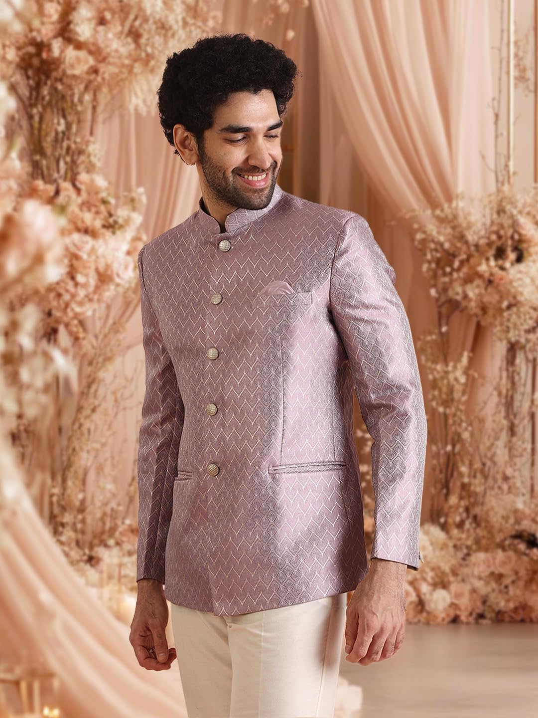 KISAH Men’s Bandhgala & Trouser Set – Textured Silk Blend Jacquard Ethnic Suit for Men – Regular Fit Wedding & Festivals – Dry Clean Only, Lilac, 40