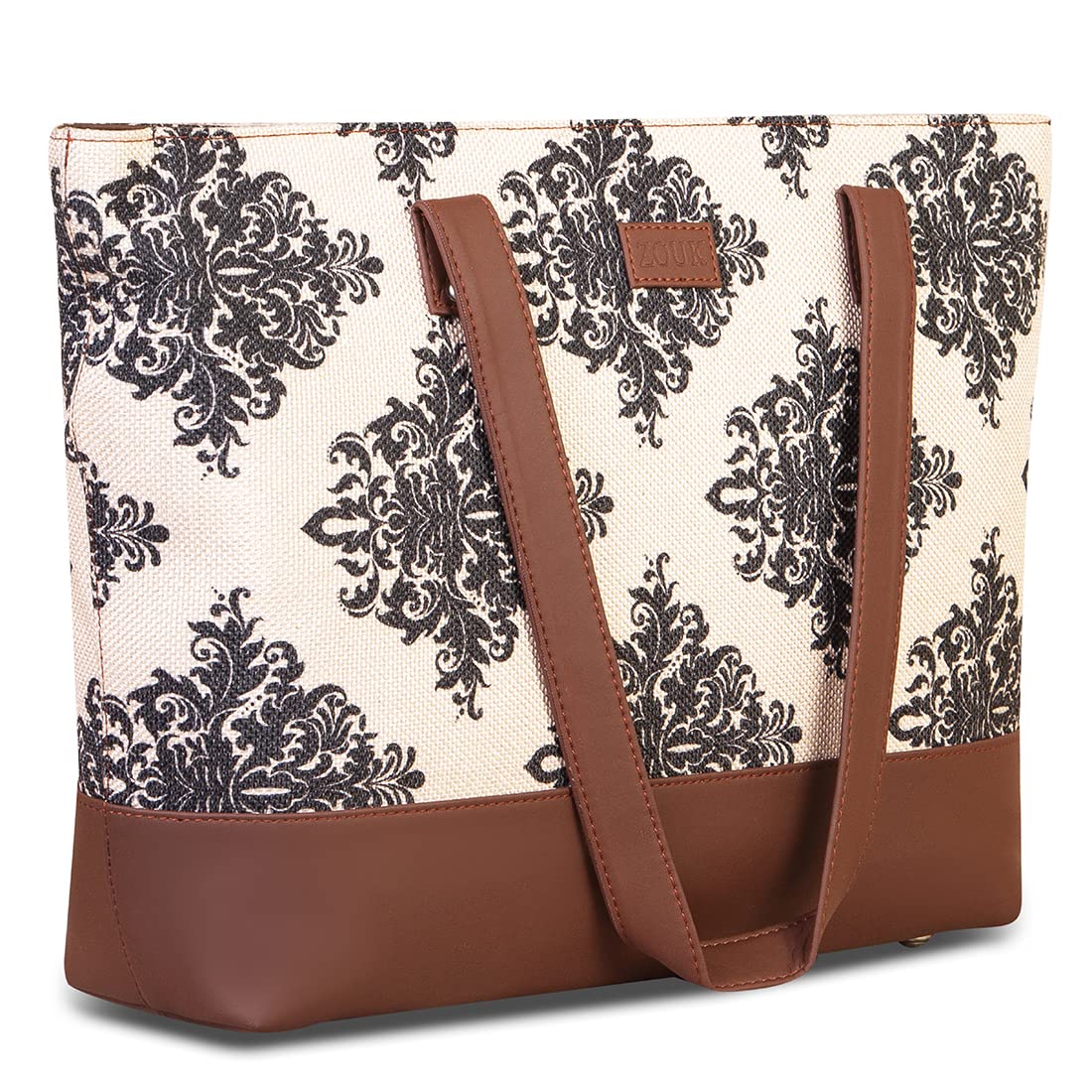 ZOUK Women's Handcrafted Cream and Black Mughal Motif Tote Bag and Handbag for Office and College