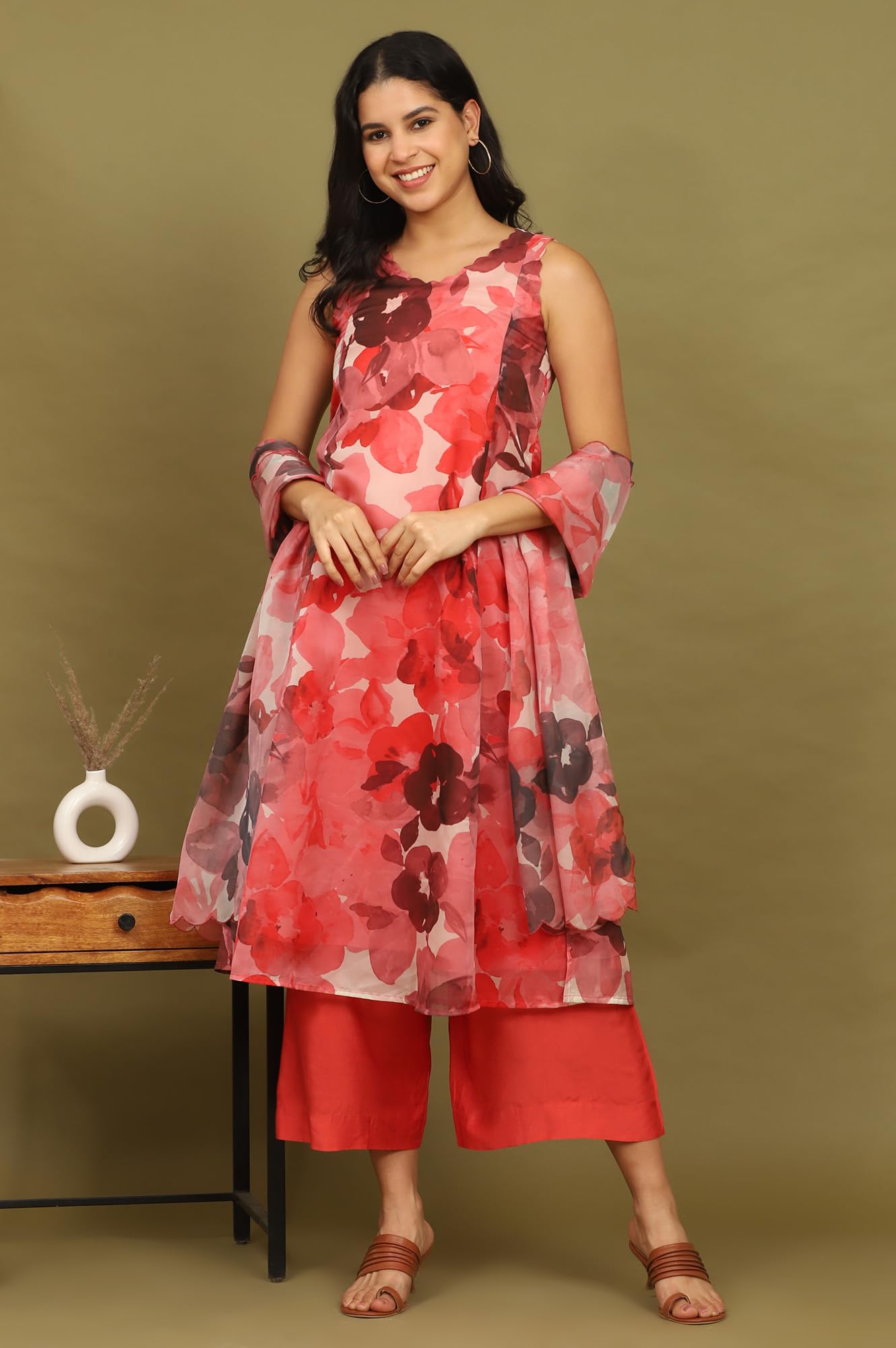 W for Woman Crimson Red Bold Floral Printed Organza Flared Kurta, Pants and Dupatta Set (Size: S)-WS12238-125263
