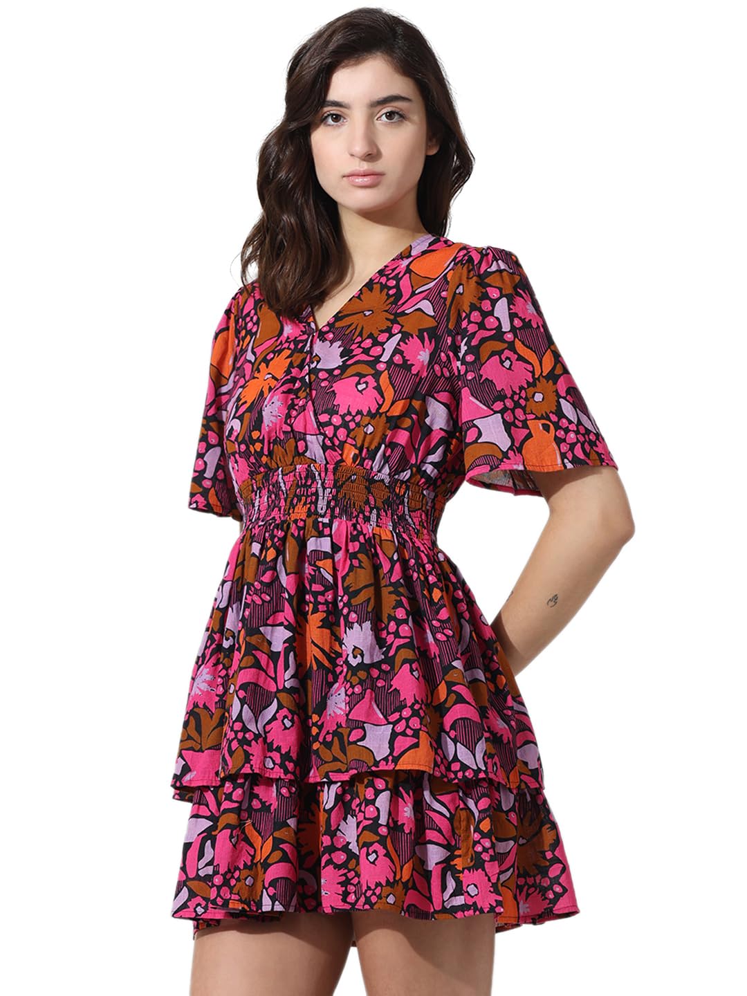 ONLY Women Printed Cotton Above Knee Pink Tiered Dress
