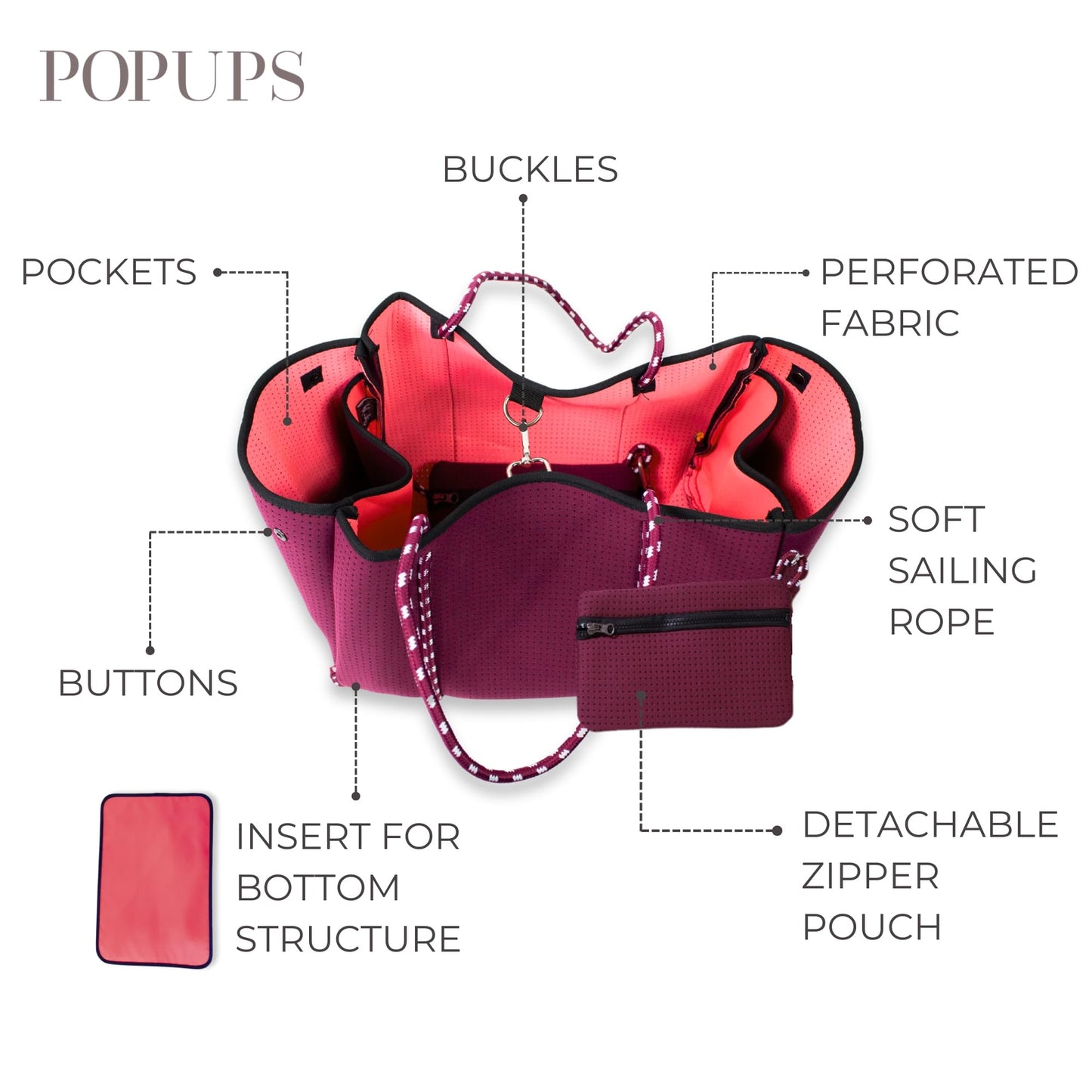 POPUPS Large Neoprene Tote Bag for Women - Everyday Designer Handbag for Travel Work and Beach with Pockets and Zipper Pouch, Berry, X-Large, Berry