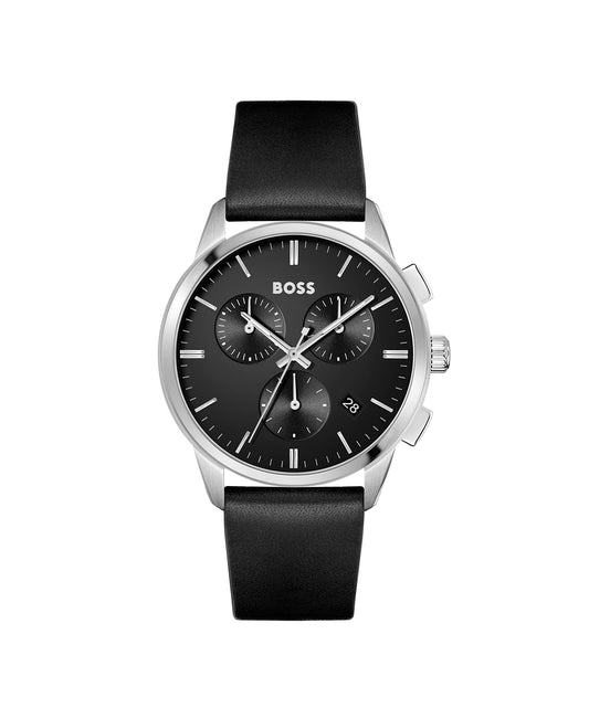 BOSS Dapper Qtz Fashion Chrono Black Round Dial Men's Watch|Black Leather Material|Black Color Band - 1513925