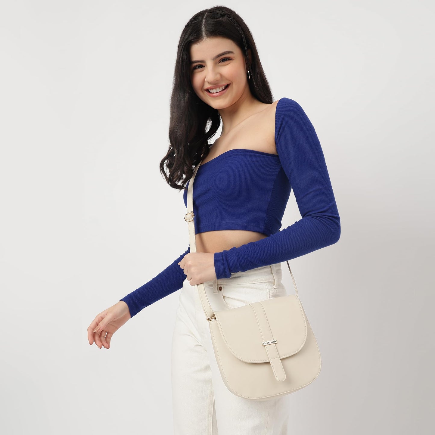 Fastrack Women's Adjustable Sling Bag with Flap and Magnetic Button Closure | Inner Zip and Slip Pockets | Stylish Everyday Sling | Trendy Women's Handbags, Off White