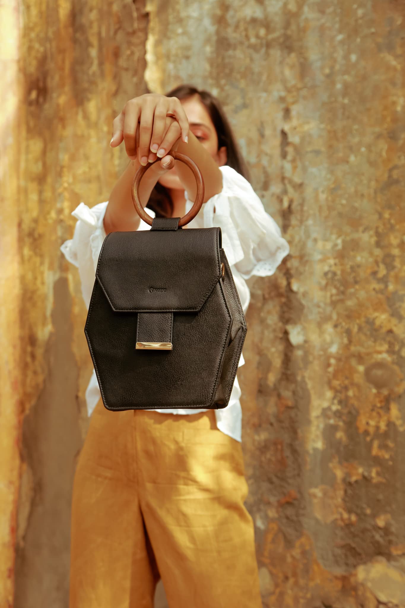 RASHKI ESA BLACK - Womens Vegan Leather Hand Bag | Real Wood Handle | Spacious Compartment | Flip Closure