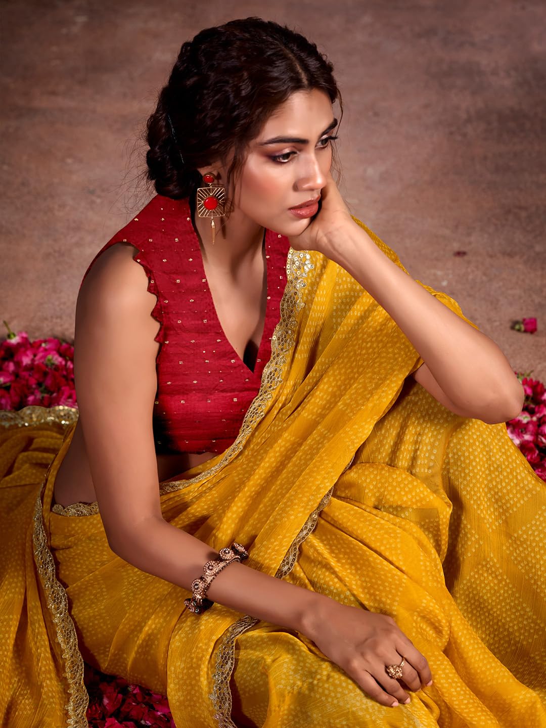 AKHILAM Women's Yellow Chiffon Bandhani Printed Saree with Unstitched Blouse Piece(CHUNRI1001_SR)