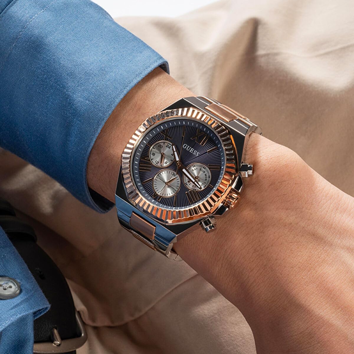 GUESS Stainless Steel Analog Navy Blue Dial Men's Watch-Gw0703G4, Band Color-Two-Tone