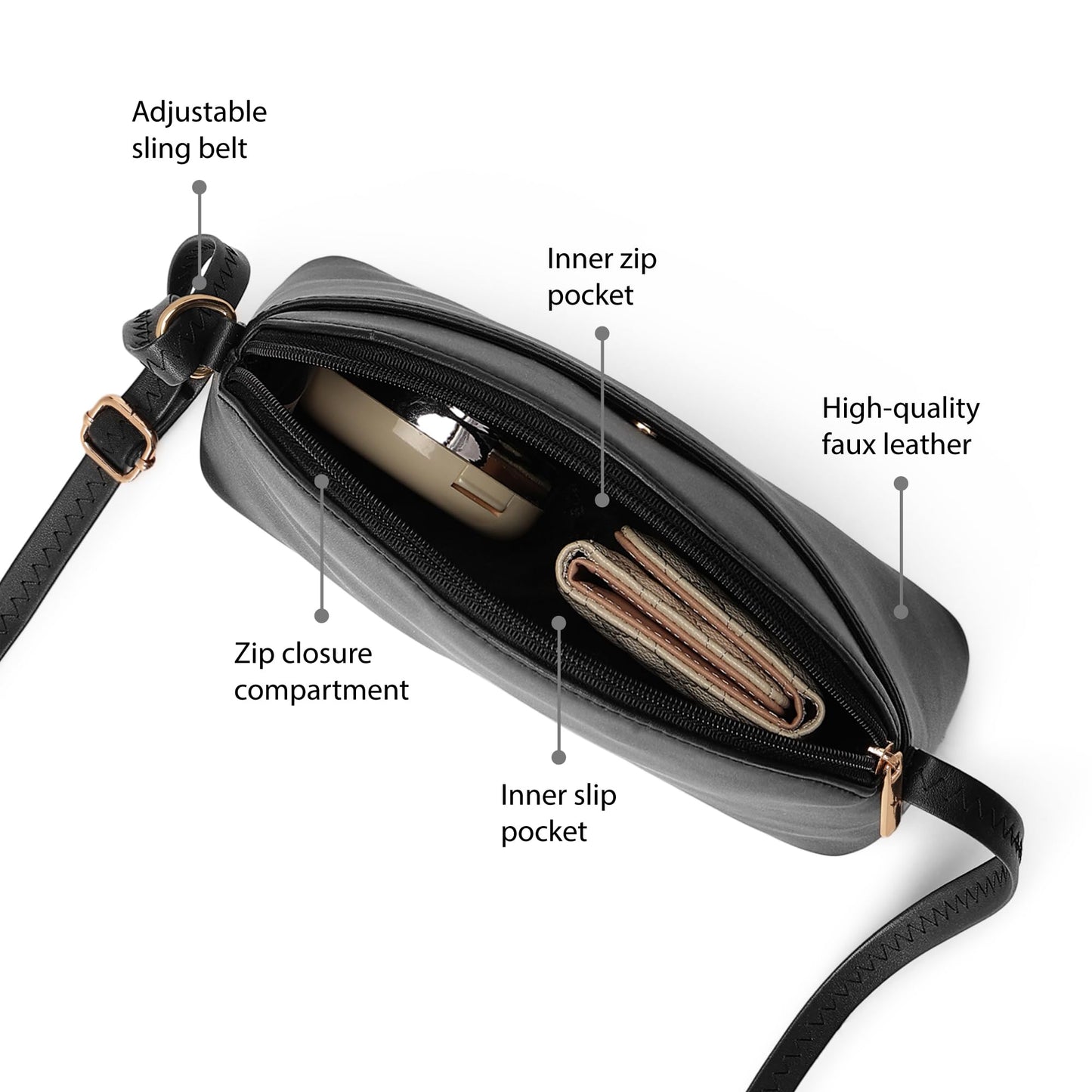 Fastrack Sling Bag | Faux Leather Sling With Adjustable Belt and Quick Access Pocket | Zip Closure and Spacious Interior | Trendy Women's Handbags, Black