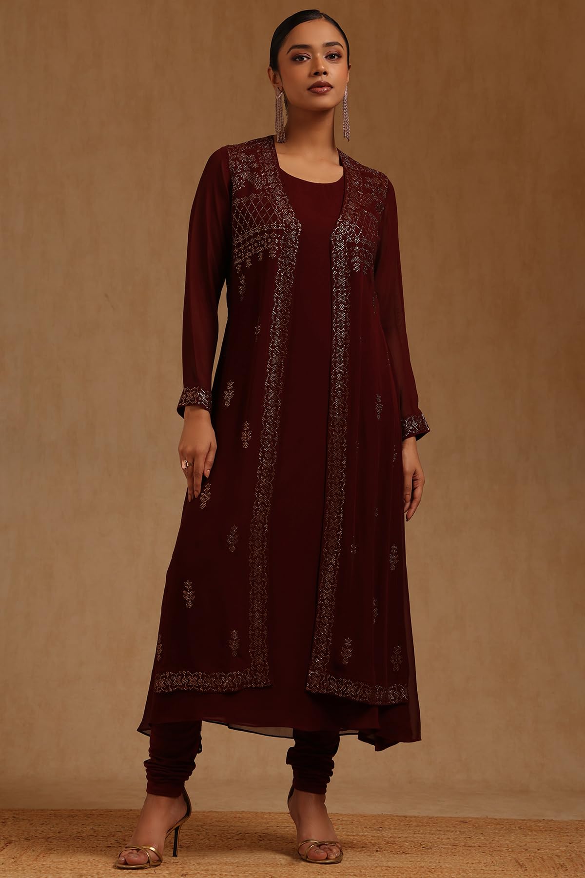 Soch Womens Maroon Georgette Solid Suit Set