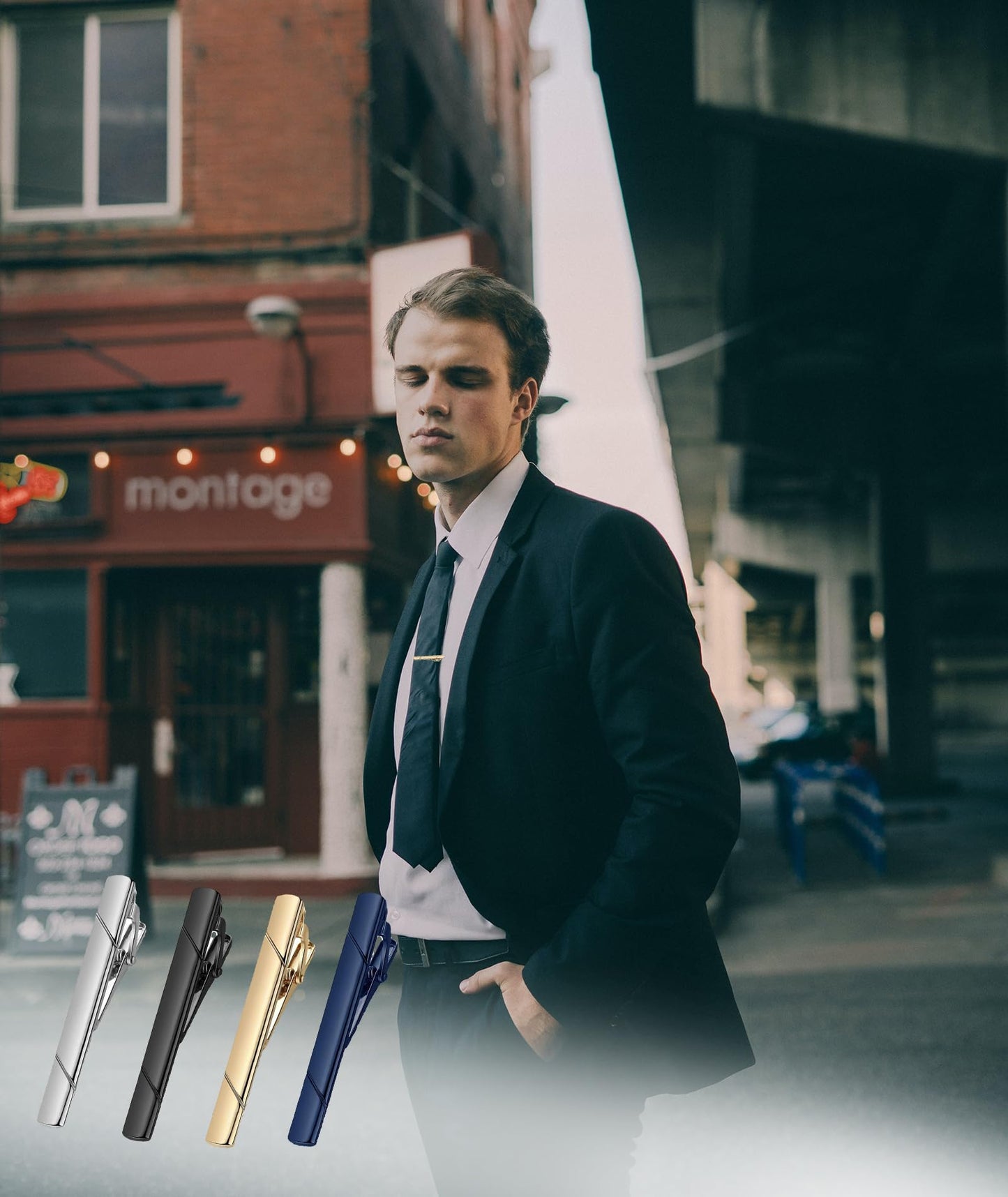 4 Pcs Tie Pin, Tie Pin for Men Formal, Tie Clip for Men Plain Twill Tie Clip High-End Fashion Business Tie Clip Suitable for Formal Suit for Men (Black Silver Gold Blue)