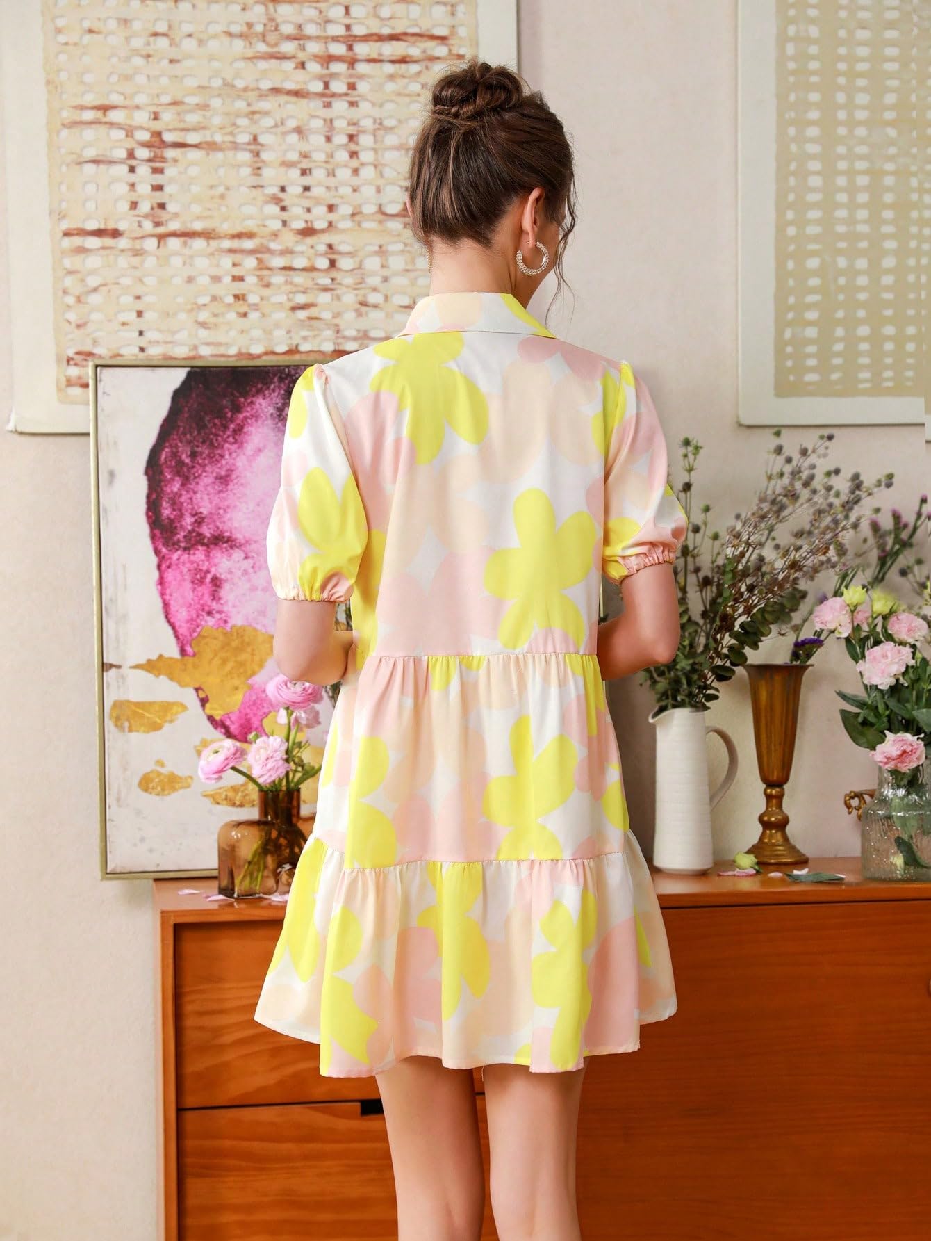Shasmi Women's Yellow Flower Print Short Sleeve Button Front All-Over Printed Dresses, Ruffle Hem Smock Dress for Woman (161 Dress Yellow-S)