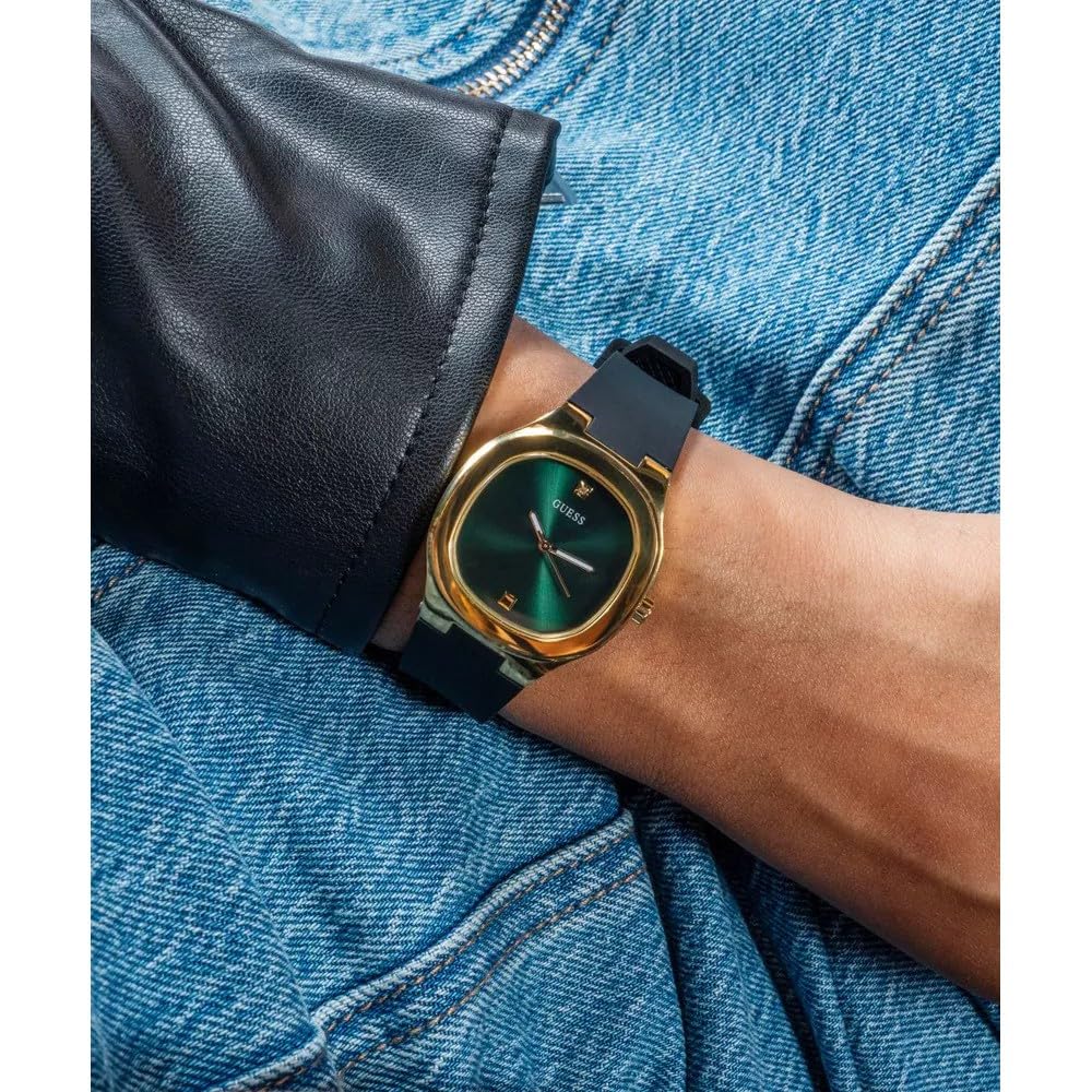 GUESS Silicone Women Green Analog Square Dial Watch- Gw0658L1, Black Band