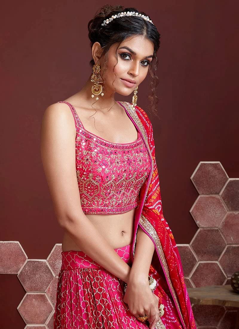Zeel Clothing Women's Chinnon Silk Embroidered Fabric Semi-Stitched Lehenga Choli with Dupatta (105-Pink-New-Bridal-Latest-Lehenga; Free Size), Customizable Length