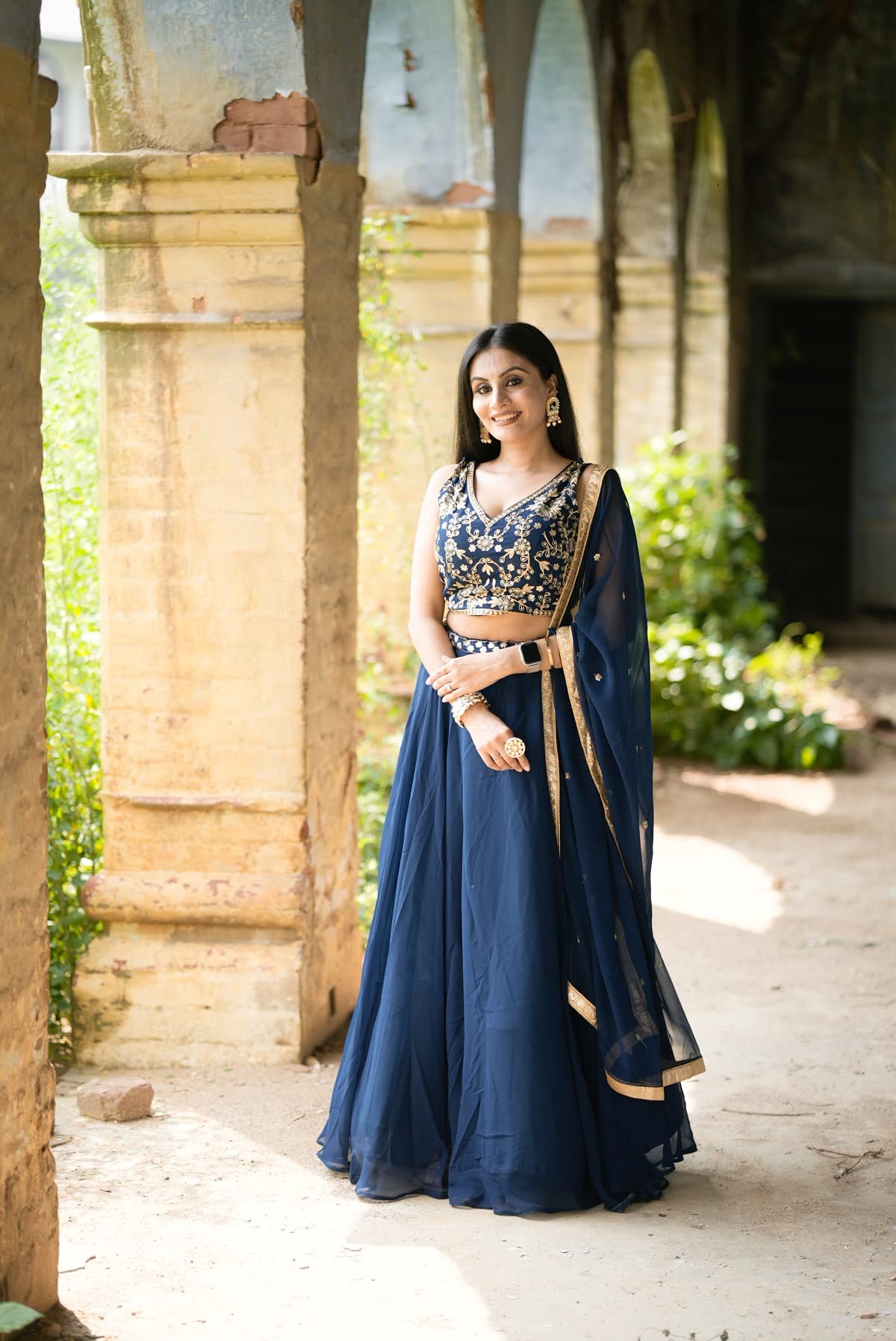 LooknBook Art Women's wear Navy blue Georgette Sequins and Thread Embroidery Work lehenga choli