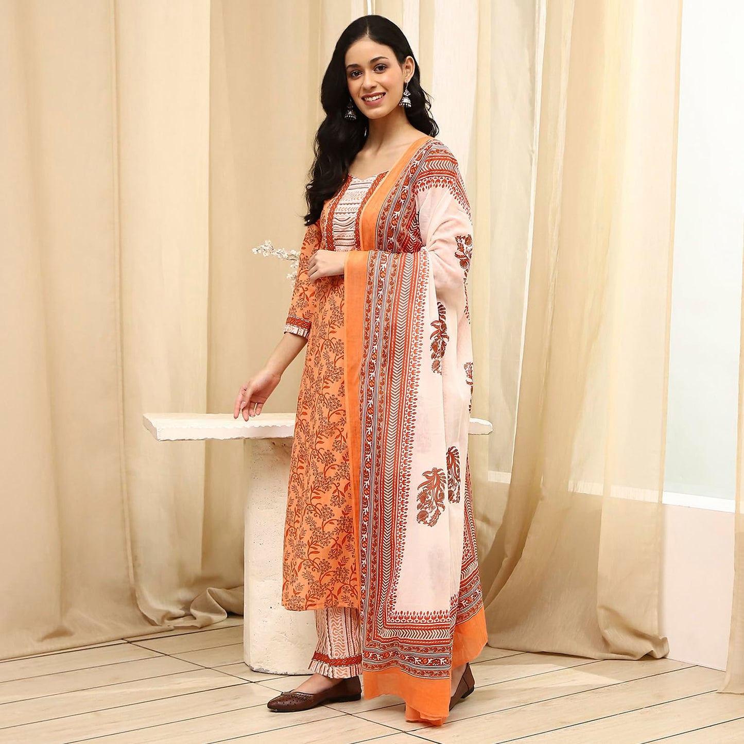 BIBA Women Peach Cotton Screen Print Unstitched Suit Set_FREE SIZE