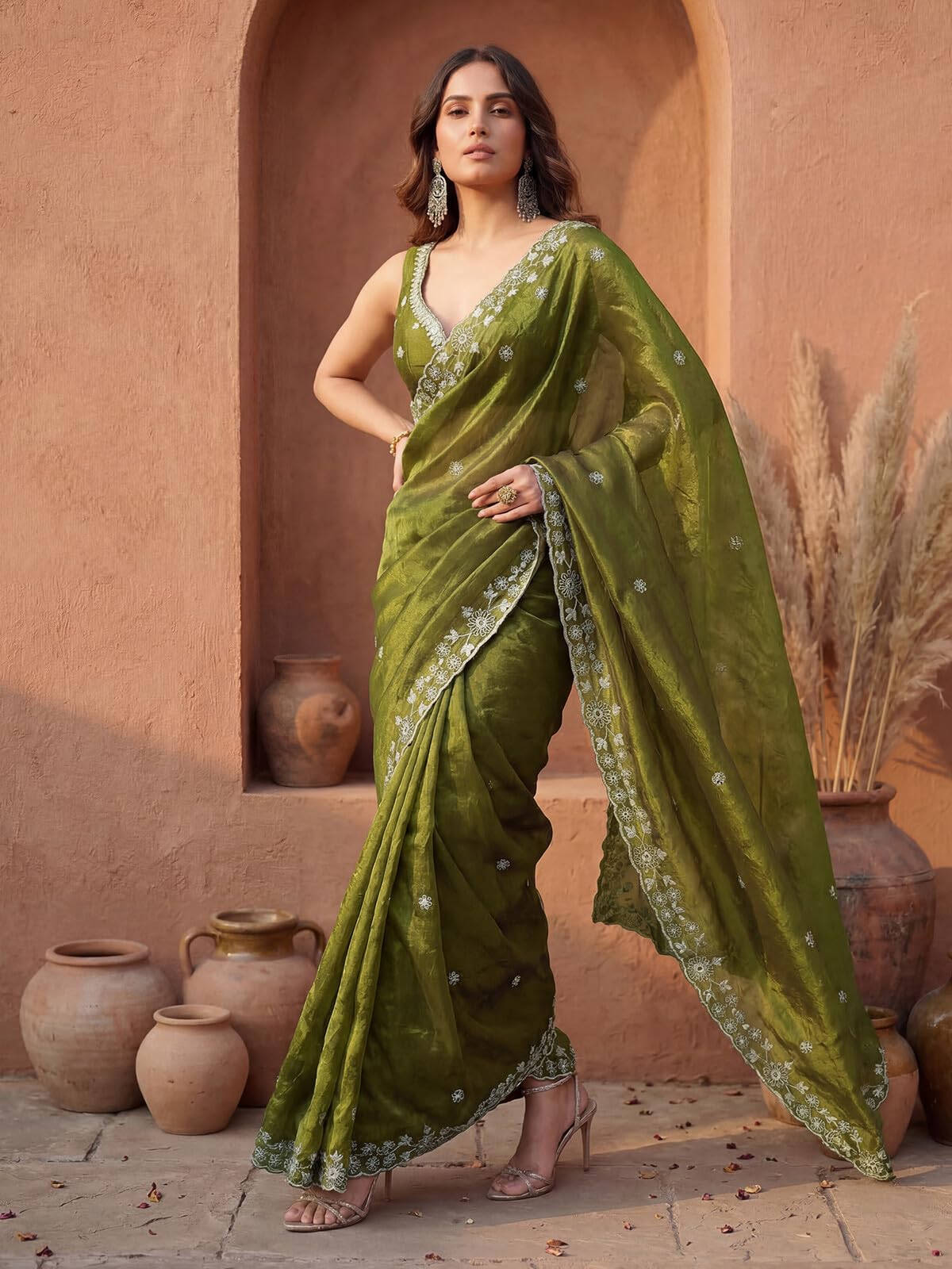 SIRIL Women's Tissue Silk Scalloped Border Embellished Sequins Embroidery Saree with Unstitched Blouse Piece (4793S141A_Mehndi Green)