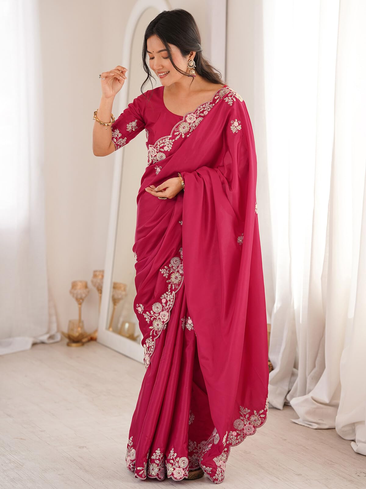 SIRIL Women's Crepe Silk Scalloped Border Sequin Embroidery Saree with Unstitched Blouse Piece (5301S7421_Cherry Red)