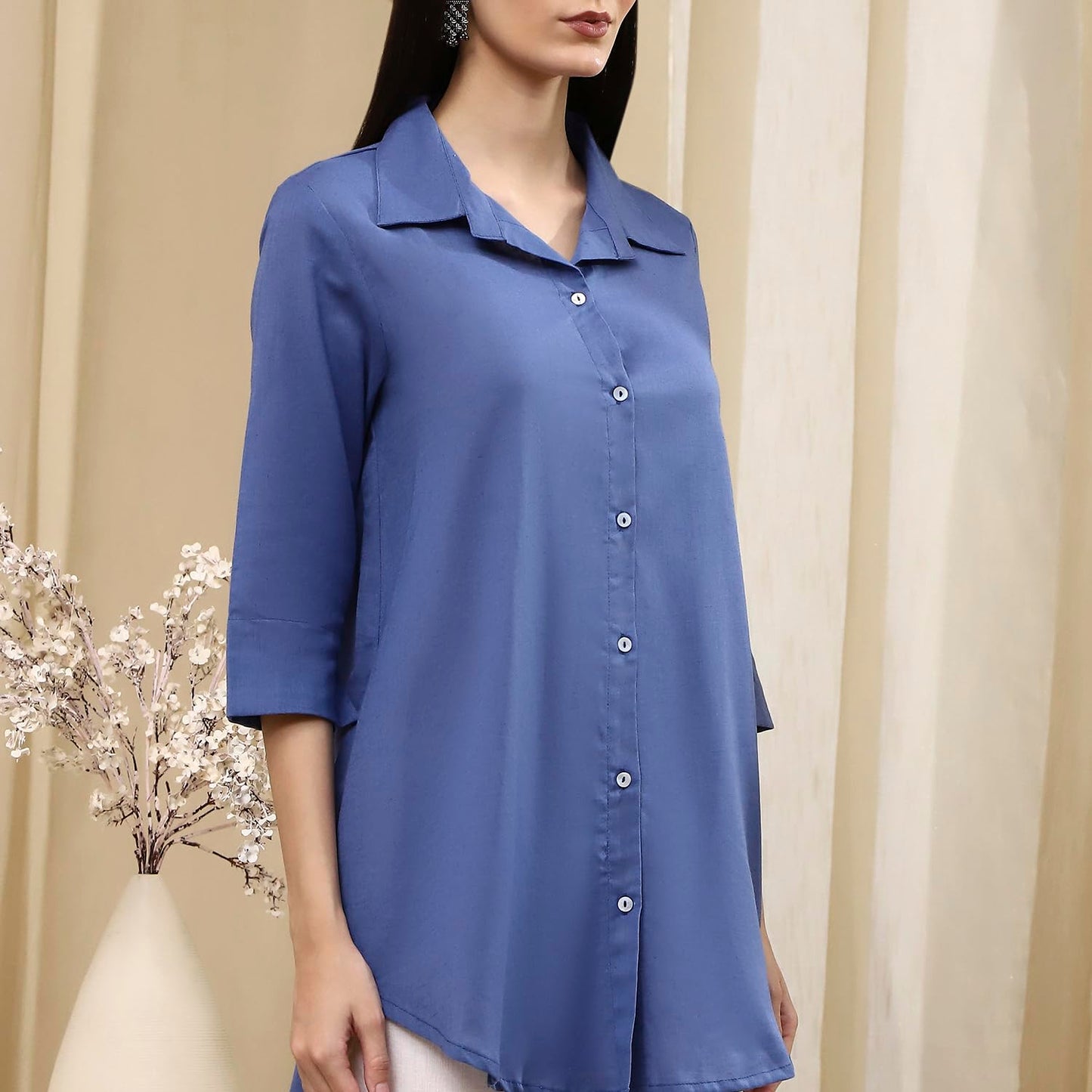 BIBA Women's Cotton Blend Solid Regular Shirts (SLDCR21577EAW24DSBLU_Dusk Blu