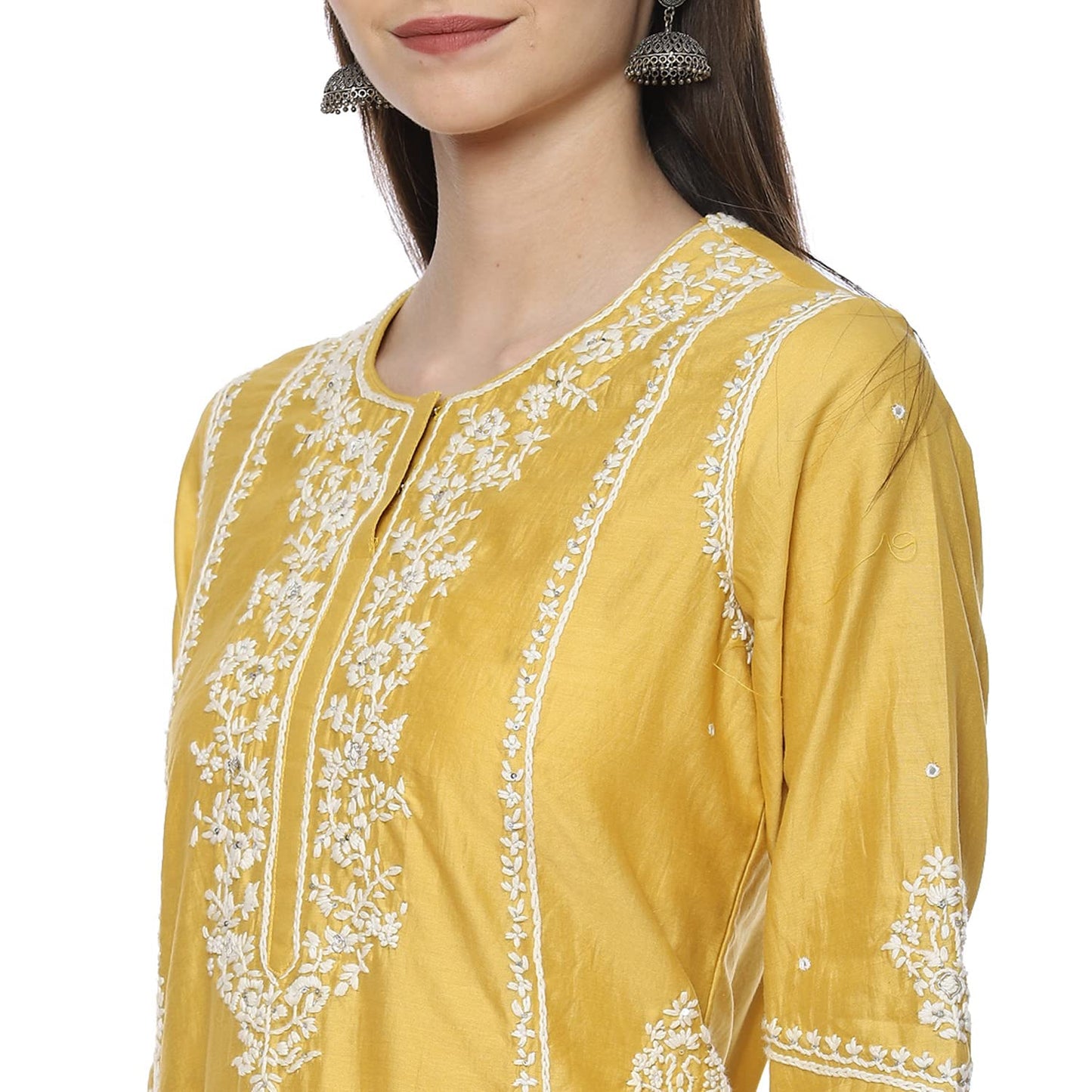 BIBA WOMEN EMBROIDERY NARROW SALWAR KURTA DUPATTA(SKDCHIKANKA8152_YELLOW_34)