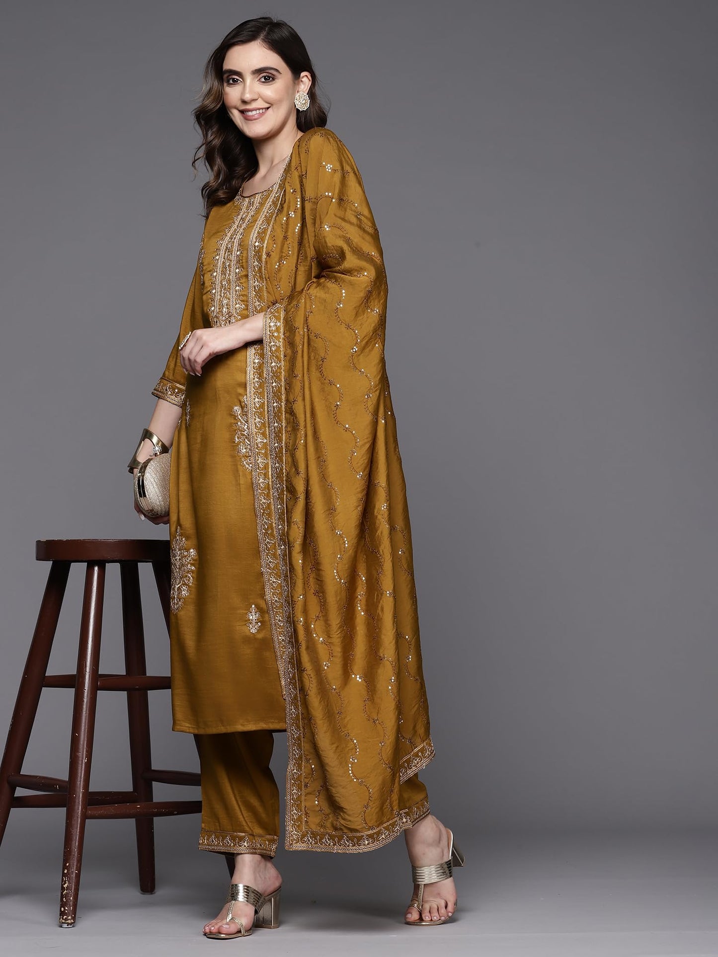 INDO ERA Silk Blend Mustard Straight Embroidered Kurta Pant with Dupatta Set for Women (Kh9Mt7107_X-Small)