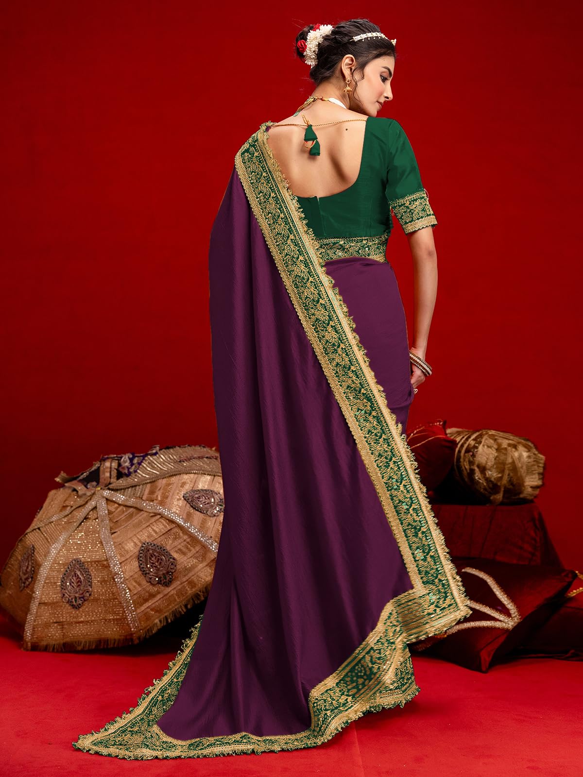 SIRIL Women's Vichitra Silk Sequins Embroidery Lace Saree With Unstitched Blouse Piece(5015S3584_Dark Purple)