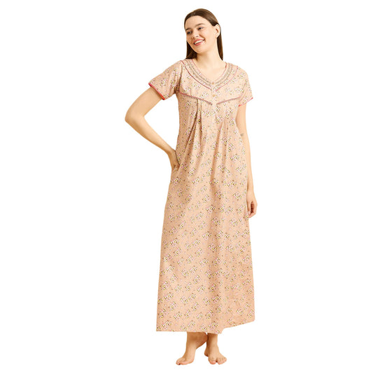 Sweet Dreams Women's Cotton Maxi Casual Nightgown (OCW-3582 Khakhi L)