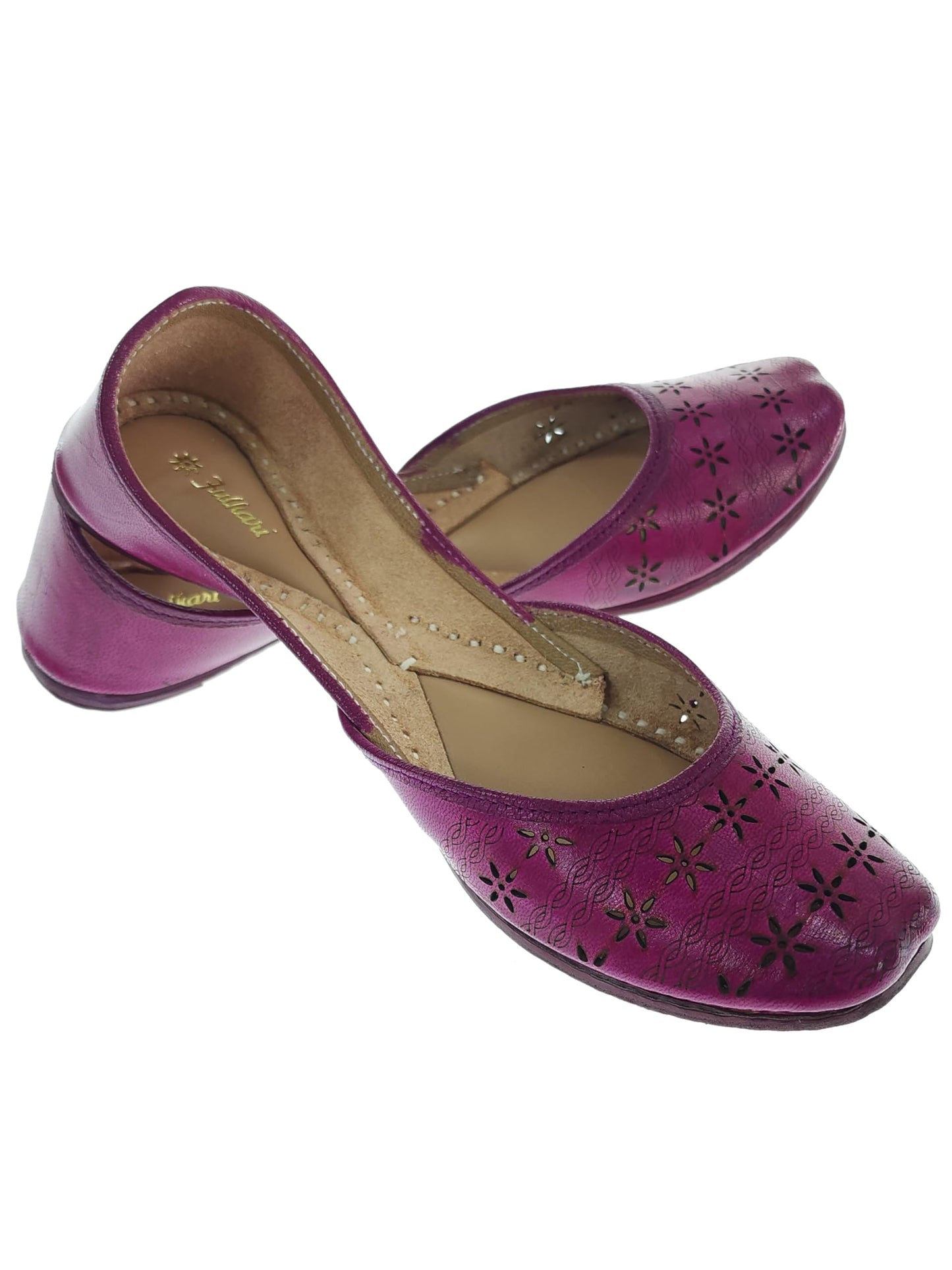 Fulkari Women Magenta Dark Cutwork Casual Genuine Soft Leather Jutis | Bite and Pinch Free Juttis | Punjabi Jutti | Girl's Office Flat Ladies Mojari | dailywear Ethnic Juti | 36
