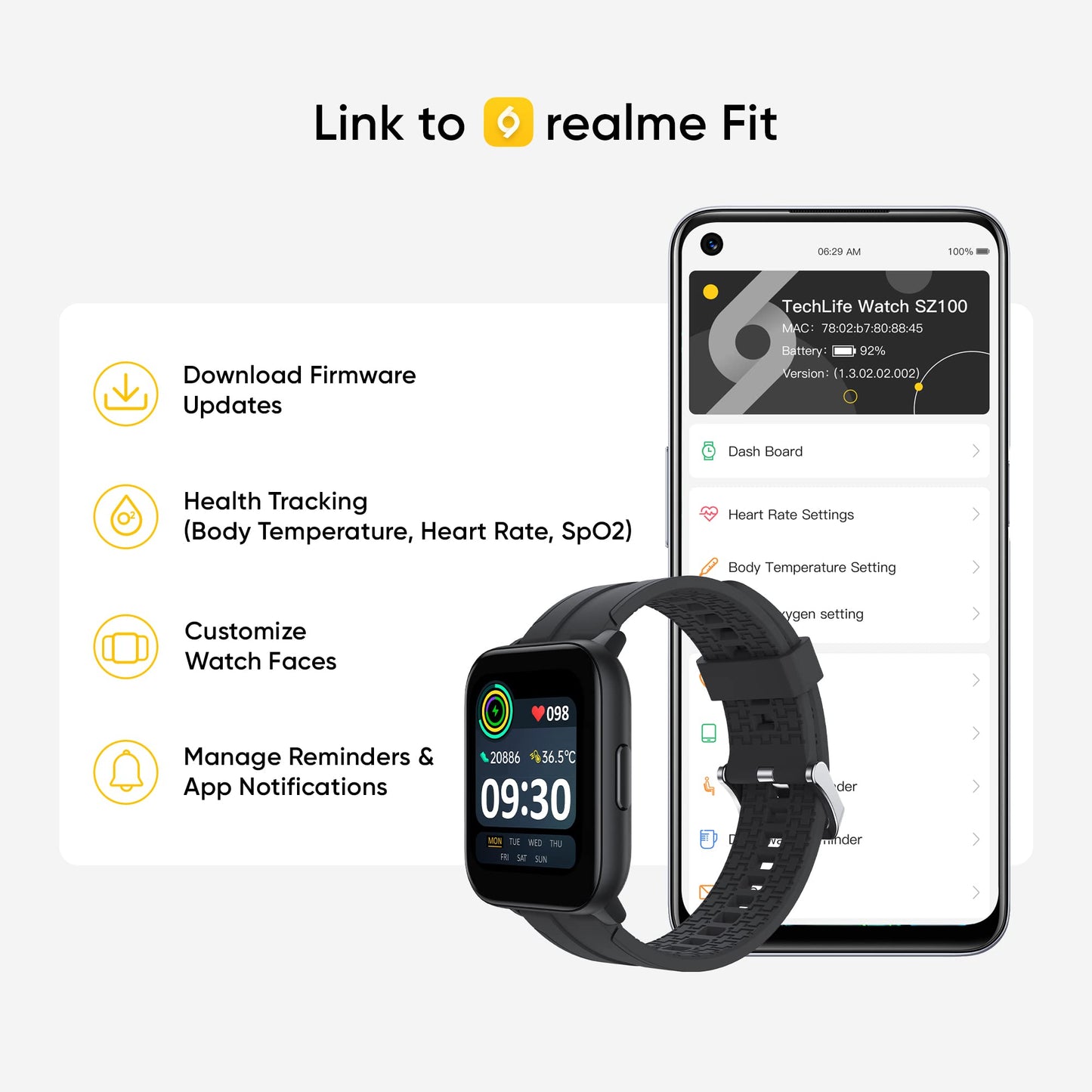(Refurbished) realme Techlife Smart Watch SZ100 1.69" HD Display with SpO2, Heart Rate & Temperature Mon